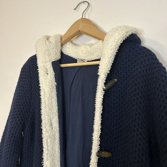 LL Bean Knit Cardigan Shearling Sherpa Lined Navy Blue Hooded Long - Large - Picture 2 of 16